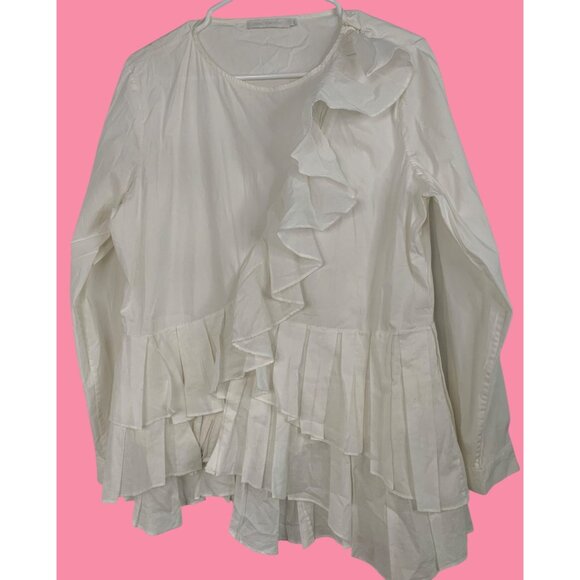 Anne Fontaine Ruffle Full Front Asym Zip Blouse Size 14 US Stretch RR10261 GUC - Picture 2 of 8
